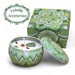 Vela lata con mineral Aventurina y Vainilla